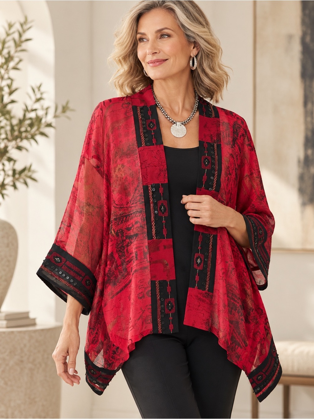 Chico’s Red Black Silk Embroidered Kimono Poncho Topper S/M